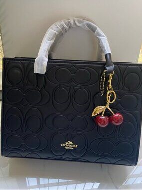 Coach Black Embossed Signature Tote with Cherry Charm